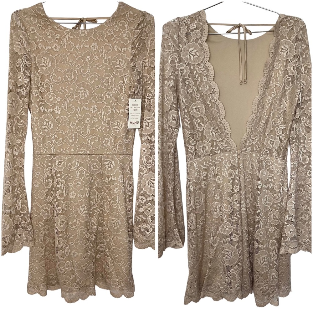 Show Me Your MUMU NWT Natalie Lace Mini Dress in Champagne